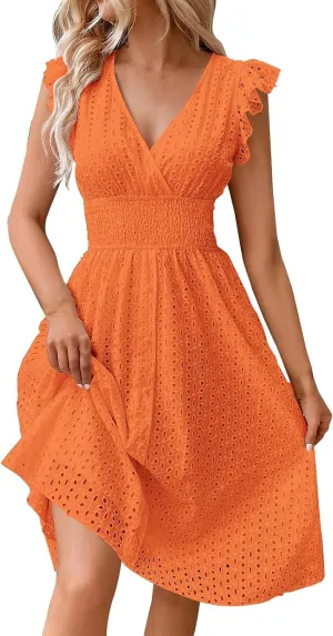 Petite Dresses for Women 5 ft Plus Size Floral Lace Embroidery V-Neck A-Line Midi Dress Breathable Hollow Out Design