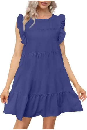 PETYCZEN Summer Dresses for Women Cute Babydoll Dresses Casual Sleeveless Mini Tiered Dress A Line Swing Beach Party Sundress