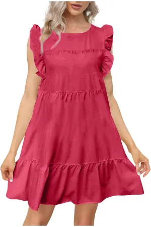 PETYCZEN Summer Dresses for Women Cute Babydoll Dresses Casual Sleeveless Mini Tiered Dress A Line Swing Beach Party Sundress