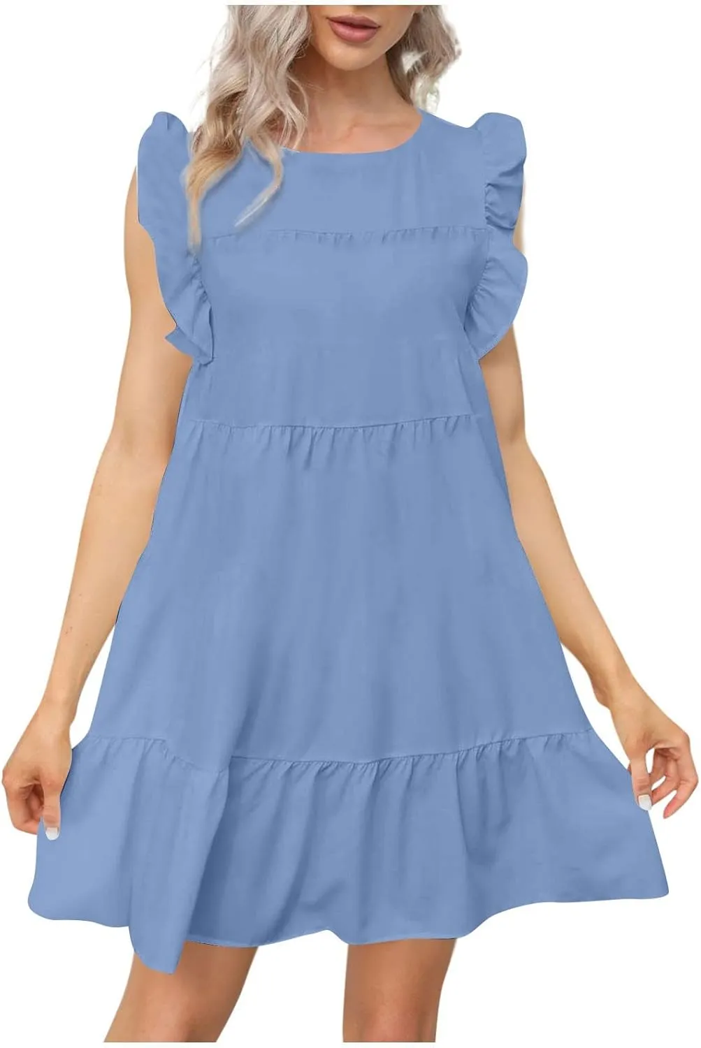 PETYCZEN Summer Dresses for Women Cute Babydoll Dresses Casual Sleeveless Mini Tiered Dress A Line Swing Beach Party Sundress