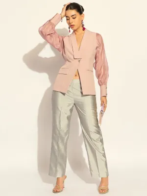 Pink Puffed-Sleeves Split Joint Lapel Top In Stretchable Fabric