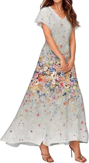 Plus Size Dresses for Curvy Women Casual Loose Trendy Short Sleeve V-Neck Floral Printed Sun Maxi Dress, XS-2XL