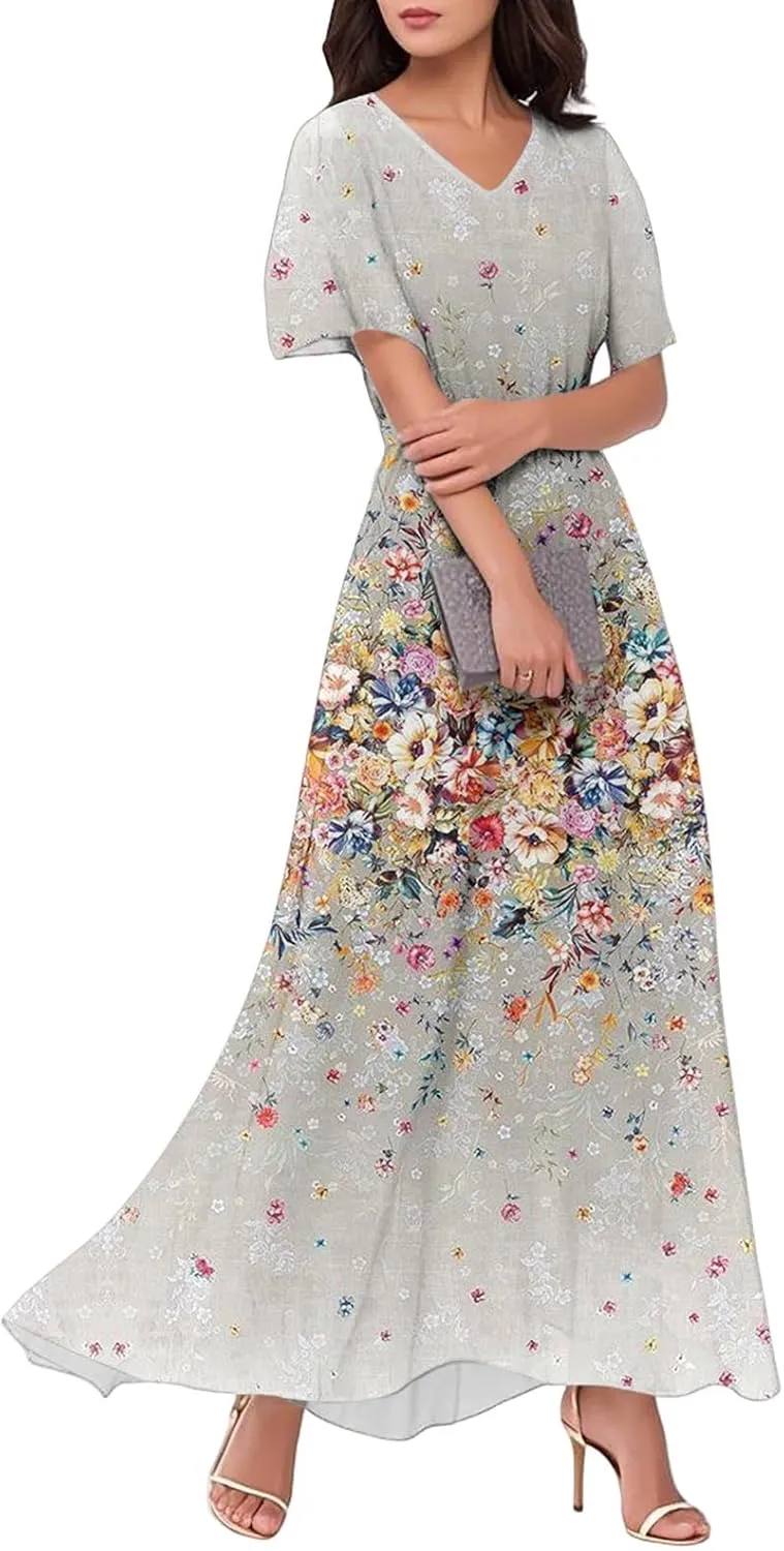 Plus Size Dresses for Curvy Women Casual Loose Trendy Short Sleeve V-Neck Floral Printed Sun Maxi Dress, XS-2XL