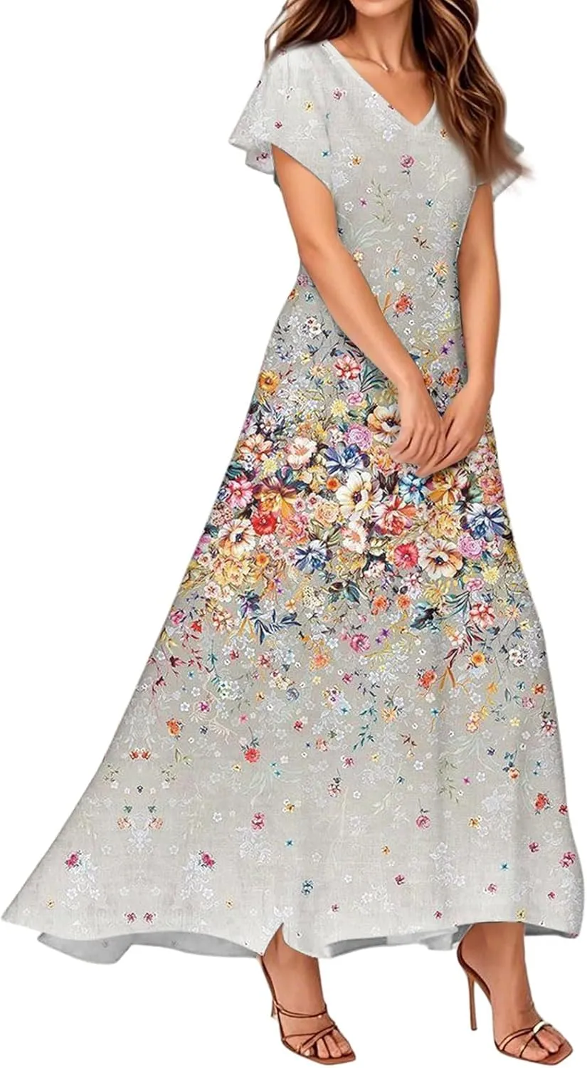 Plus Size Dresses for Curvy Women Casual Loose Trendy Short Sleeve V-Neck Floral Printed Sun Maxi Dress, XS-2XL