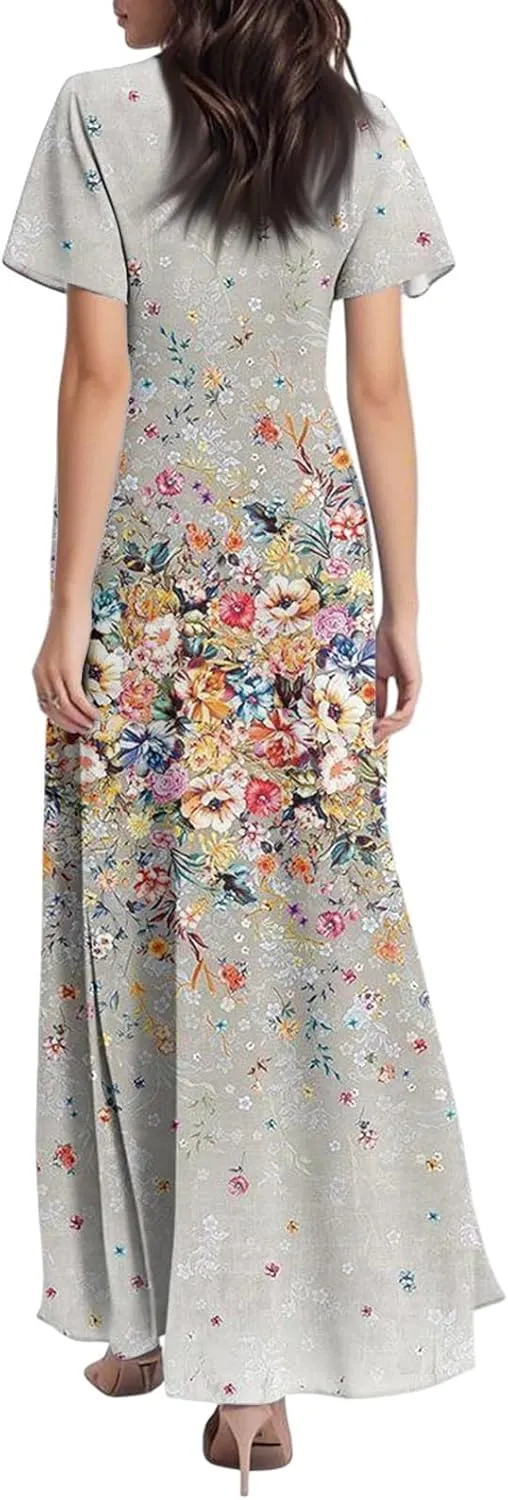 Plus Size Dresses for Curvy Women Casual Loose Trendy Short Sleeve V-Neck Floral Printed Sun Maxi Dress, XS-2XL
