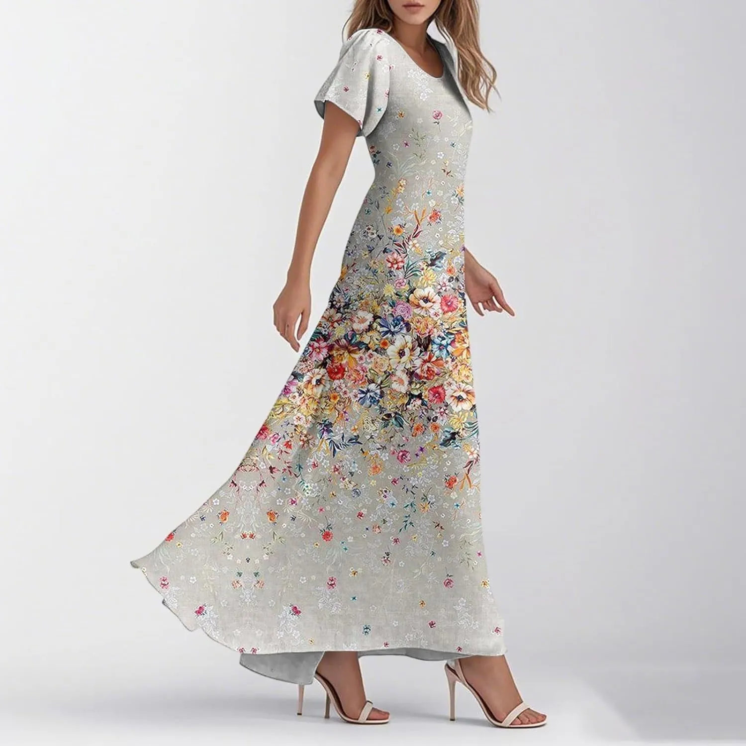 Plus Size Dresses for Curvy Women Casual Loose Trendy Short Sleeve V-Neck Floral Printed Sun Maxi Dress, XS-2XL