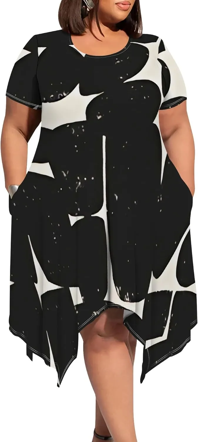 Plus Size Midi Dresses for Curvy Women Summer Casual Short Sleeve Empire Waist Dress with Pockets Travel Vacation Outfits