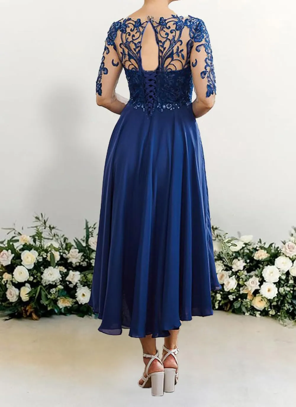 Plus Size Mother of The Groom Dresses for Women 2024 Lace Appliques Ruffles Formal Evening Gowns Tea Length YB65