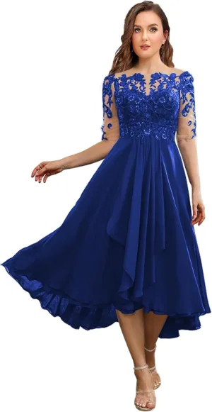 Plus Size Mother of The Groom Dresses for Women 2024 Lace Appliques Ruffles Formal Evening Gowns Tea Length YB65