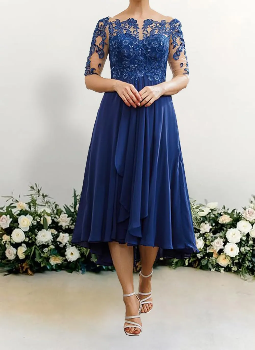 Plus Size Mother of The Groom Dresses for Women 2024 Lace Appliques Ruffles Formal Evening Gowns Tea Length YB65