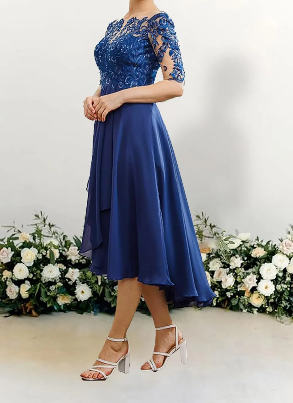 Plus Size Mother of The Groom Dresses for Women 2024 Lace Appliques Ruffles Formal Evening Gowns Tea Length YB65