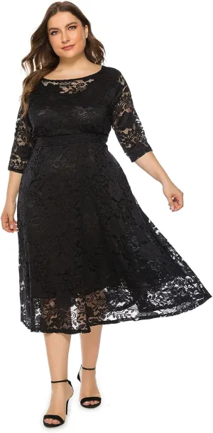 Plus Size Women Vintage Lace 3/4 Sleeve Midi Swing Evening Party Cocktail Wedding Bridesmaid Dresses