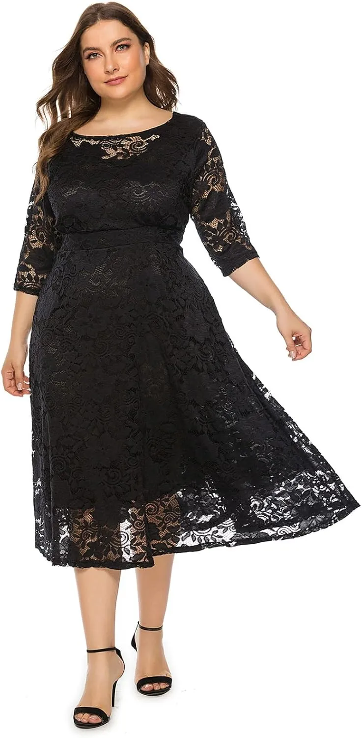 Plus Size Women Vintage Lace 3/4 Sleeve Midi Swing Evening Party Cocktail Wedding Bridesmaid Dresses