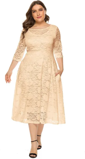 Plus Size Women Vintage Lace 3/4 Sleeve Midi Swing Evening Party Cocktail Wedding Bridesmaid Dresses