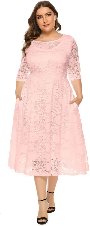 Plus Size Women Vintage Lace 3/4 Sleeve Midi Swing Evening Party Cocktail Wedding Bridesmaid Dresses