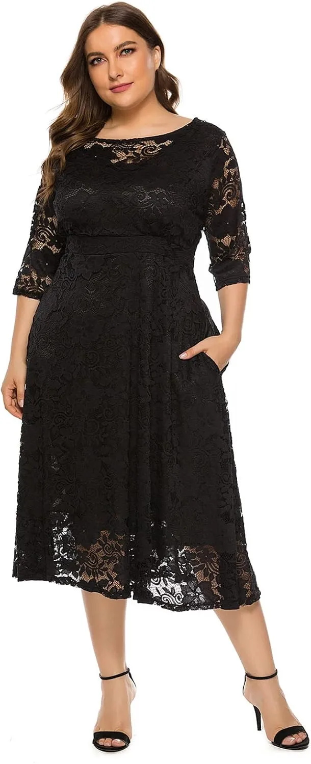 Plus Size Women Vintage Lace 3/4 Sleeve Midi Swing Evening Party Cocktail Wedding Bridesmaid Dresses
