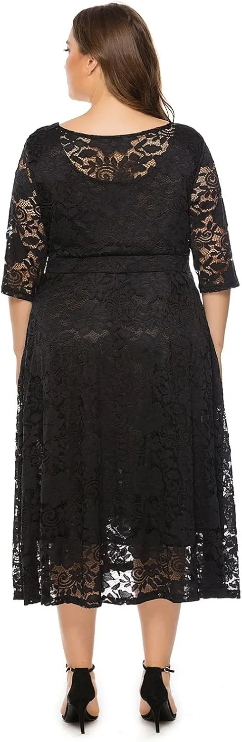Plus Size Women Vintage Lace 3/4 Sleeve Midi Swing Evening Party Cocktail Wedding Bridesmaid Dresses