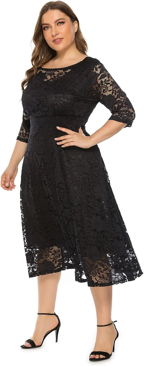 Plus Size Women Vintage Lace 3/4 Sleeve Midi Swing Evening Party Cocktail Wedding Bridesmaid Dresses