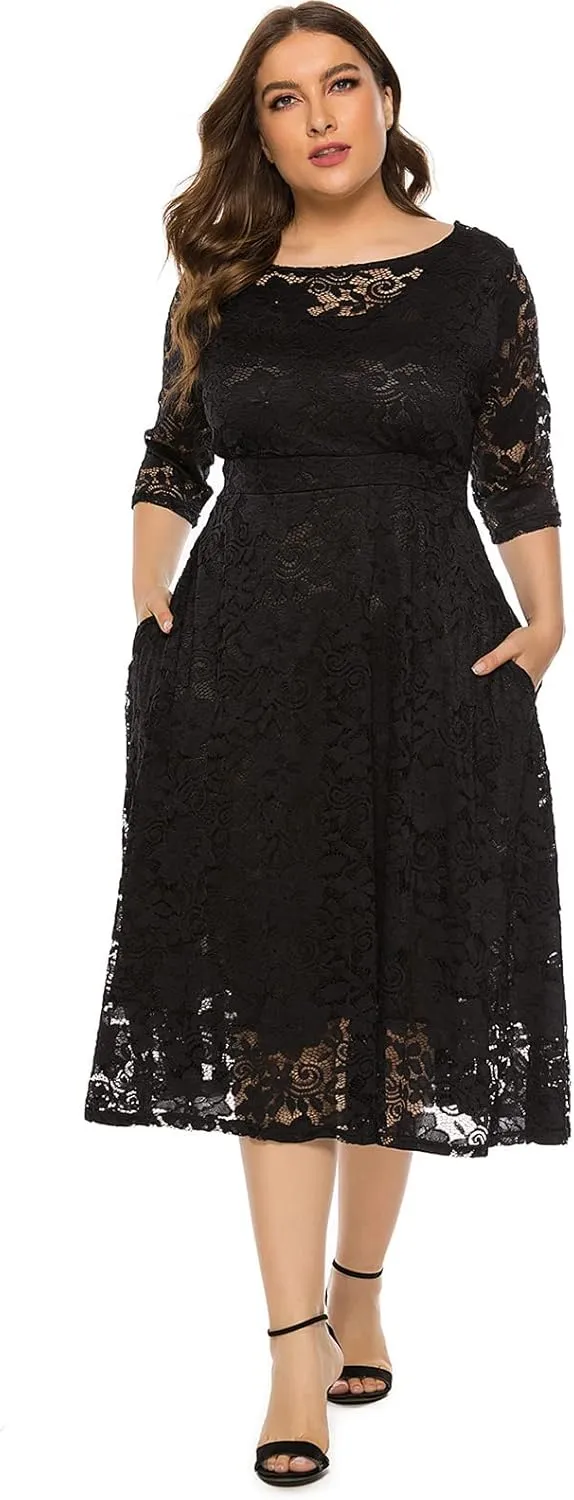 Plus Size Women Vintage Lace 3/4 Sleeve Midi Swing Evening Party Cocktail Wedding Bridesmaid Dresses