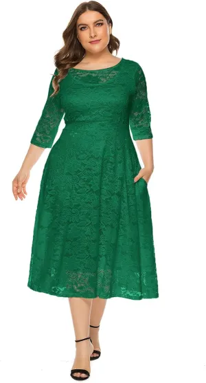 Plus Size Women Vintage Lace 3/4 Sleeve Midi Swing Evening Party Cocktail Wedding Bridesmaid Dresses