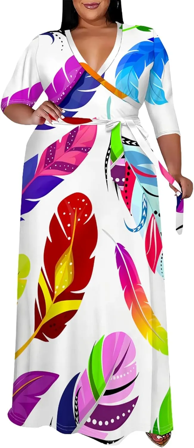 Plus Size Women's Dress V-Neck 3/4 Sleeve Skull Floral Print self-tie Belt Dress Beach Party Casual Maxi Dress