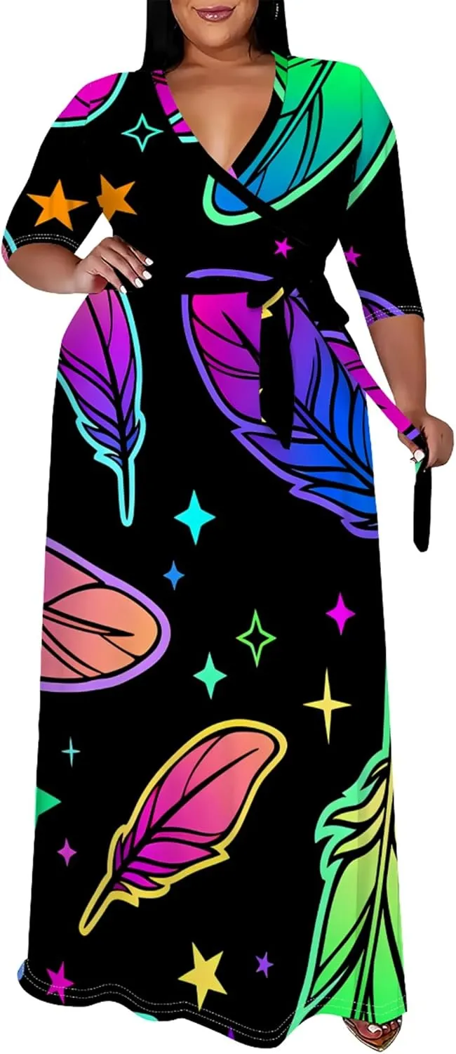 Plus Size Women's Dress V-Neck 3/4 Sleeve Skull Floral Print self-tie Belt Dress Beach Party Casual Maxi Dress