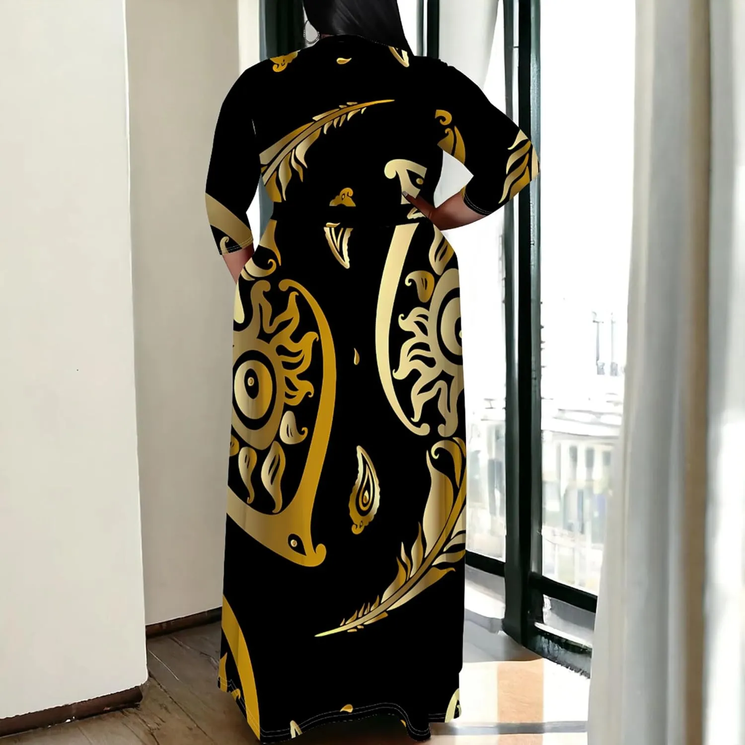 Plus Size Women's Dress V-Neck 3/4 Sleeve Skull Floral Print self-tie Belt Dress Beach Party Casual Maxi Dress