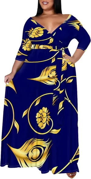 Plus Size Women's Dress V-Neck 3/4 Sleeve Skull Floral Print self-tie Belt Dress Beach Party Casual Maxi Dress