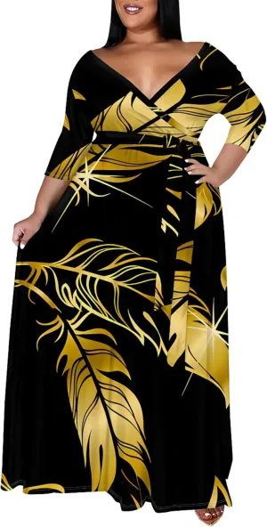 Plus Size Women's Dress V-Neck 3/4 Sleeve Skull Floral Print self-tie Belt Dress Beach Party Casual Maxi Dress