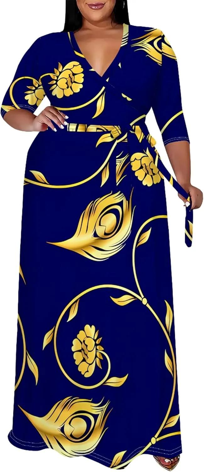 Plus Size Women's Dress V-Neck 3/4 Sleeve Skull Floral Print self-tie Belt Dress Beach Party Casual Maxi Dress