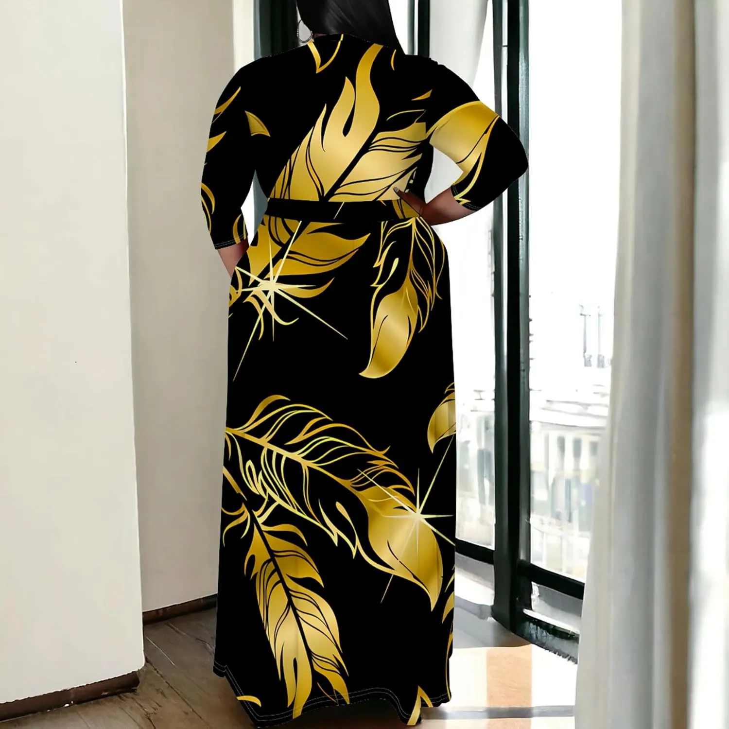 Plus Size Women's Dress V-Neck 3/4 Sleeve Skull Floral Print self-tie Belt Dress Beach Party Casual Maxi Dress