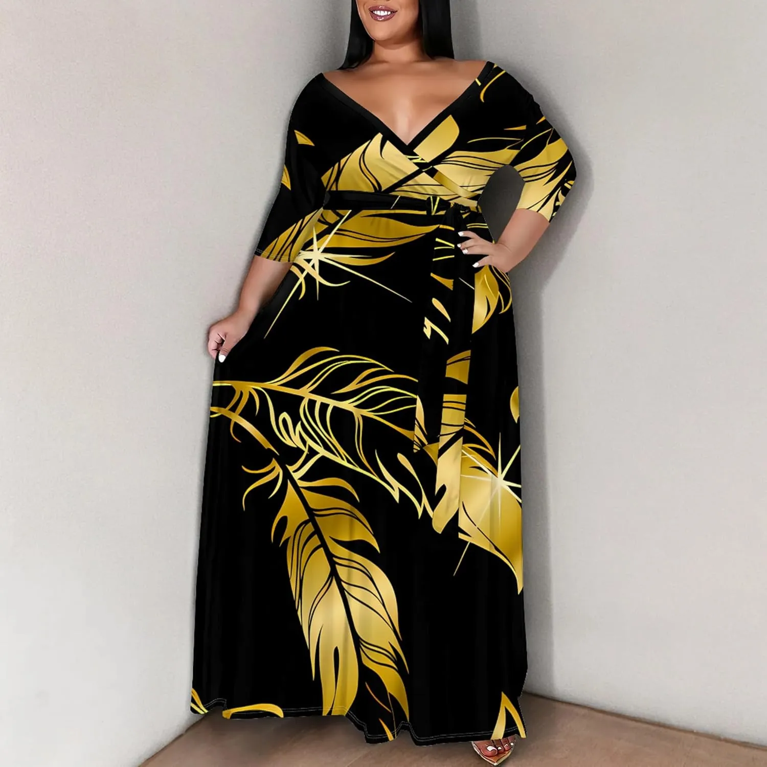 Plus Size Women's Dress V-Neck 3/4 Sleeve Skull Floral Print self-tie Belt Dress Beach Party Casual Maxi Dress
