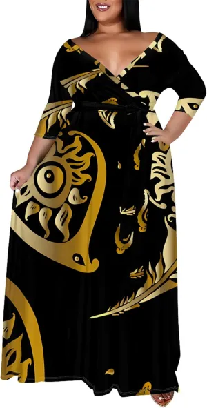 Plus Size Women's Dress V-Neck 3/4 Sleeve Skull Floral Print self-tie Belt Dress Beach Party Casual Maxi Dress