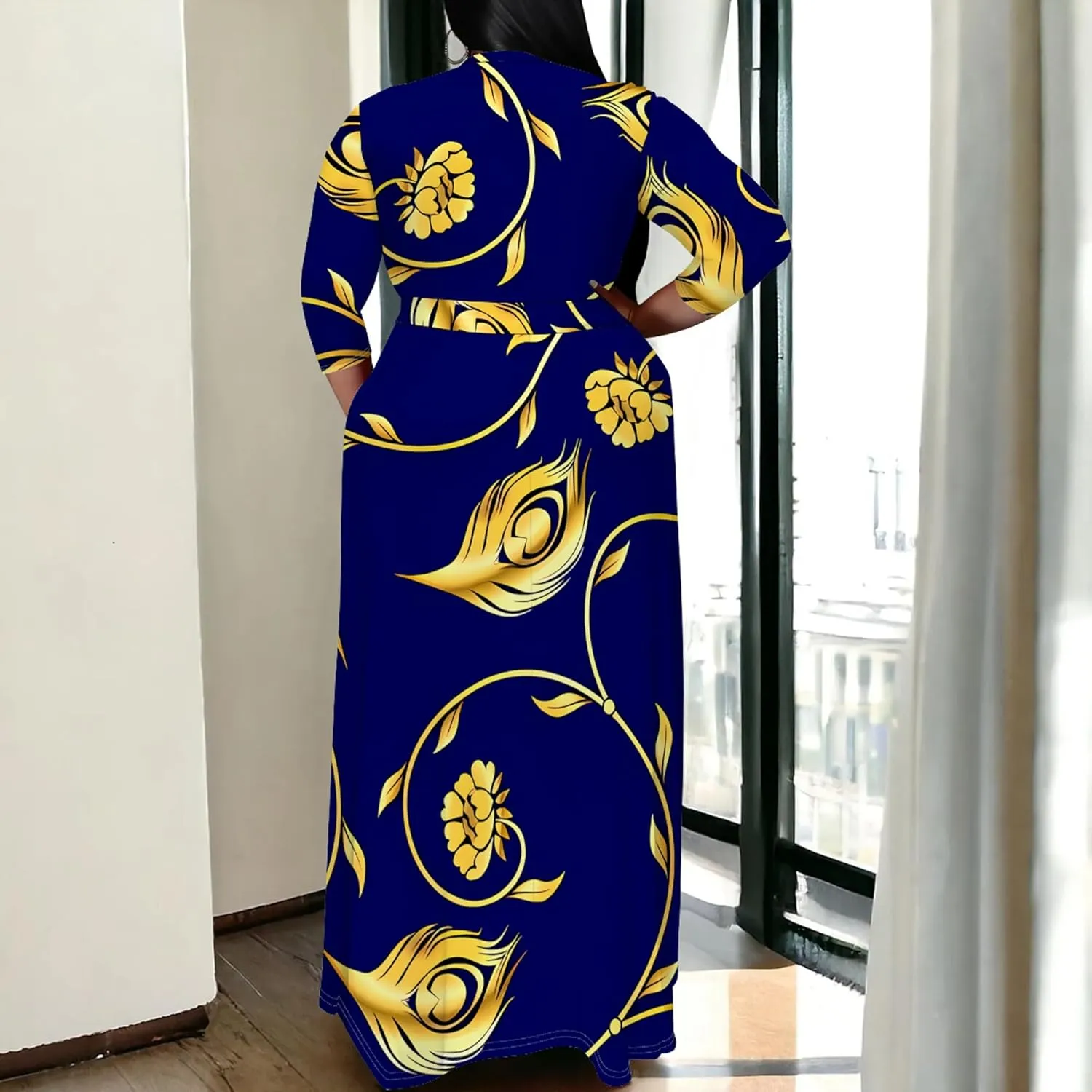 Plus Size Women's Dress V-Neck 3/4 Sleeve Skull Floral Print self-tie Belt Dress Beach Party Casual Maxi Dress