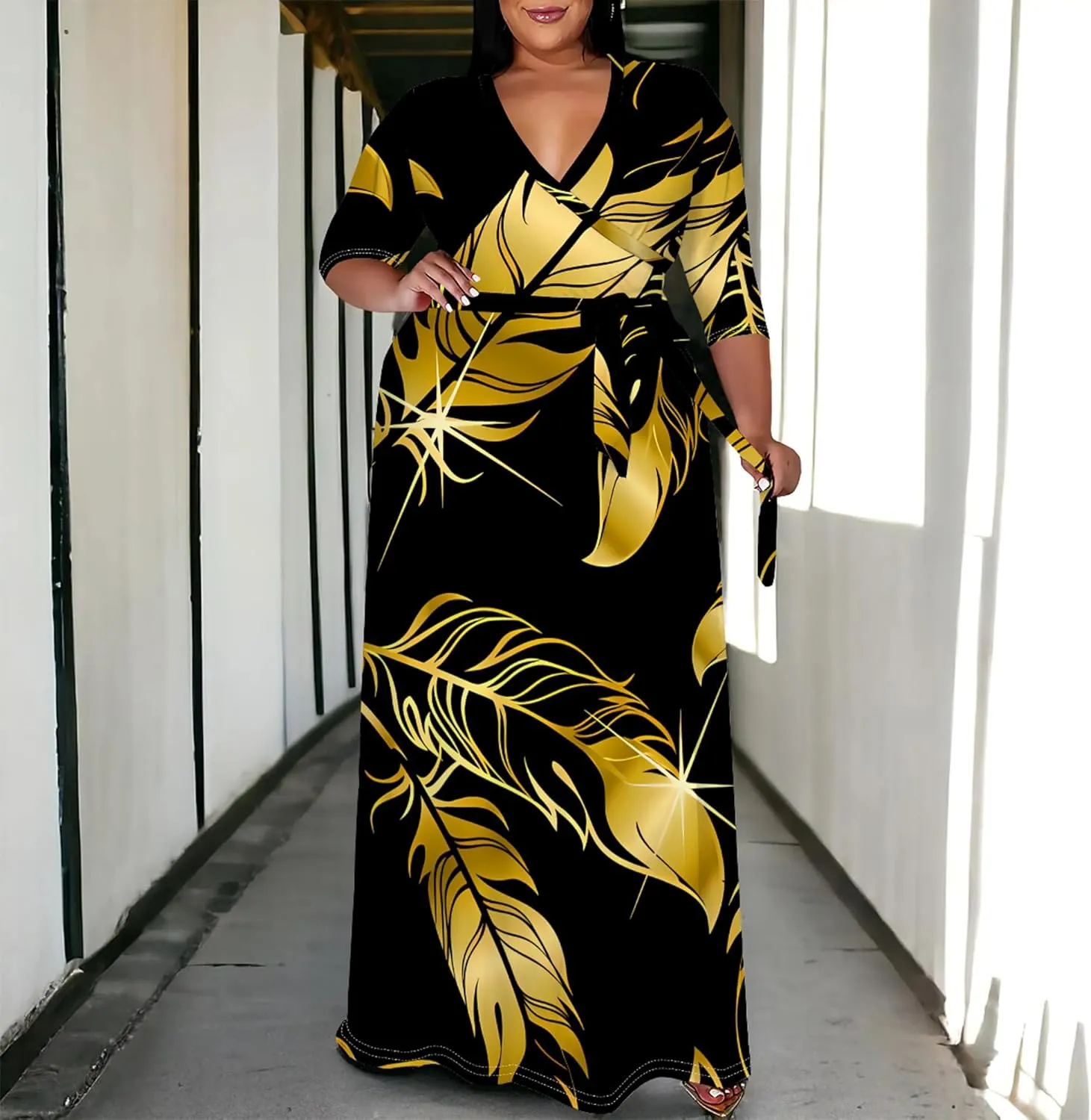 Plus Size Women's Dress V-Neck 3/4 Sleeve Skull Floral Print self-tie Belt Dress Beach Party Casual Maxi Dress
