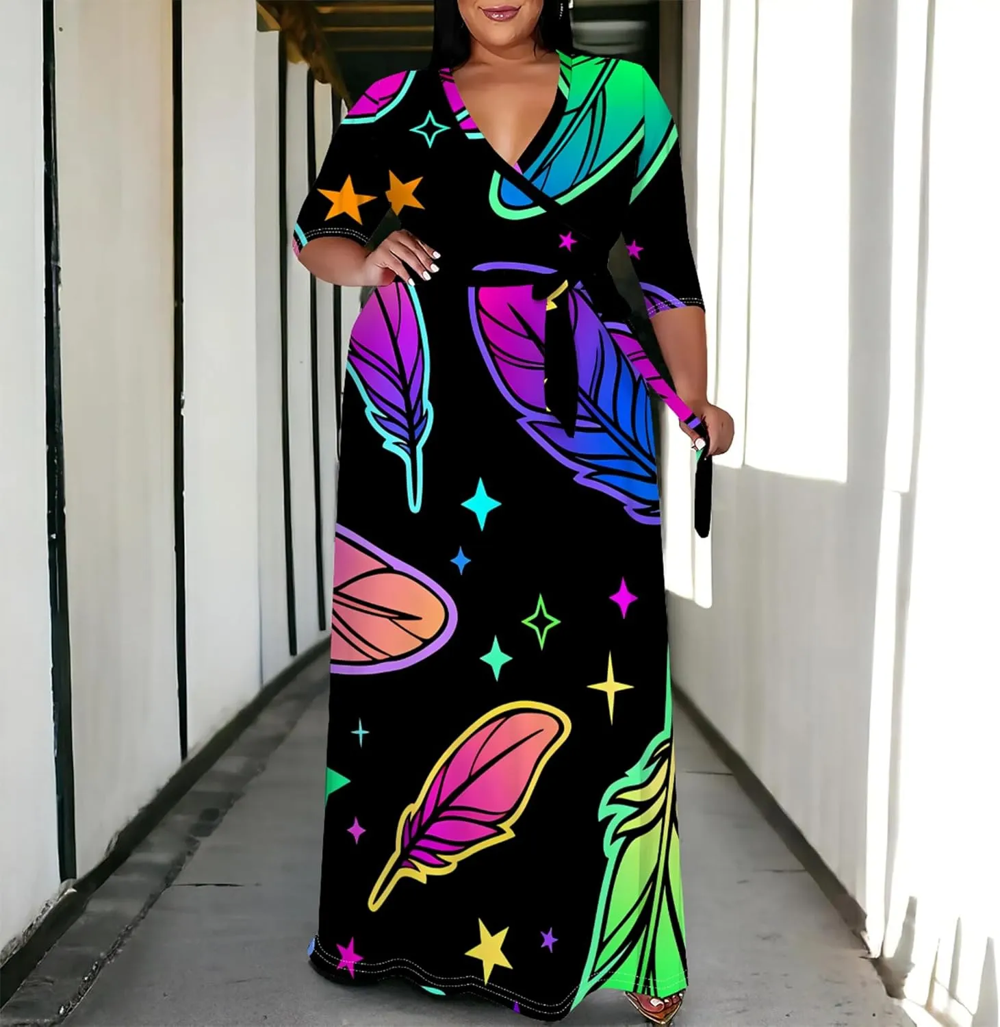 Plus Size Women's Dress V-Neck 3/4 Sleeve Skull Floral Print self-tie Belt Dress Beach Party Casual Maxi Dress