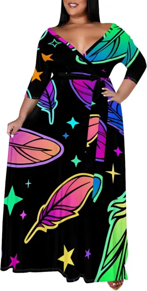 Plus Size Women's Dress V-Neck 3/4 Sleeve Skull Floral Print self-tie Belt Dress Beach Party Casual Maxi Dress