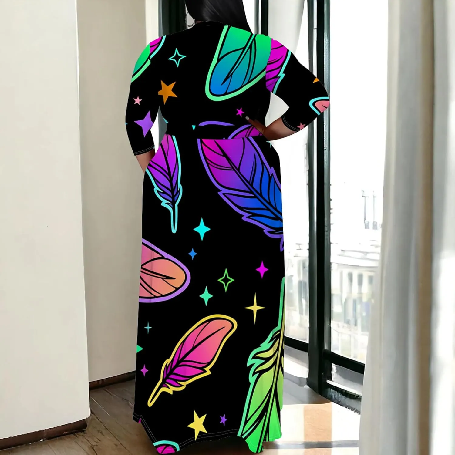 Plus Size Women's Dress V-Neck 3/4 Sleeve Skull Floral Print self-tie Belt Dress Beach Party Casual Maxi Dress