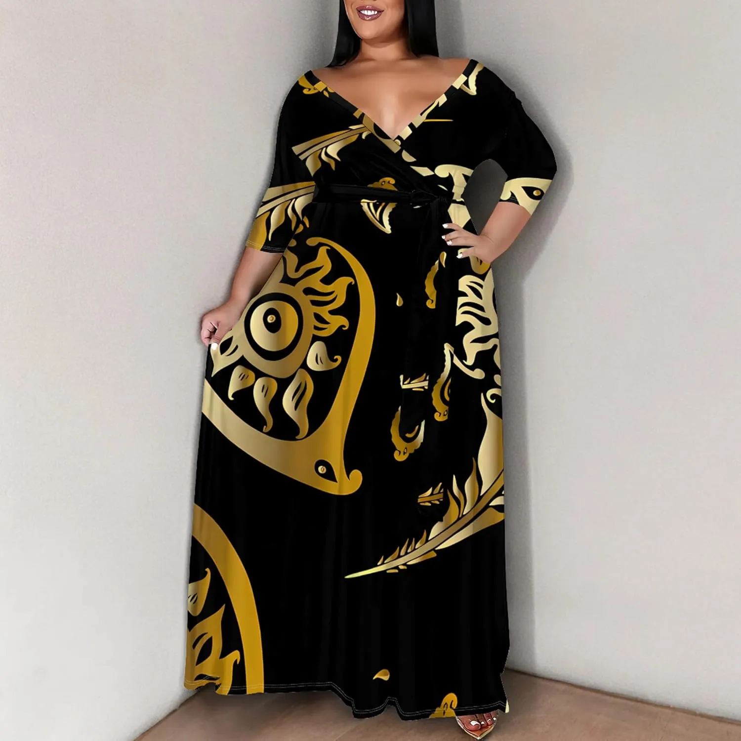 Plus Size Women's Dress V-Neck 3/4 Sleeve Skull Floral Print self-tie Belt Dress Beach Party Casual Maxi Dress