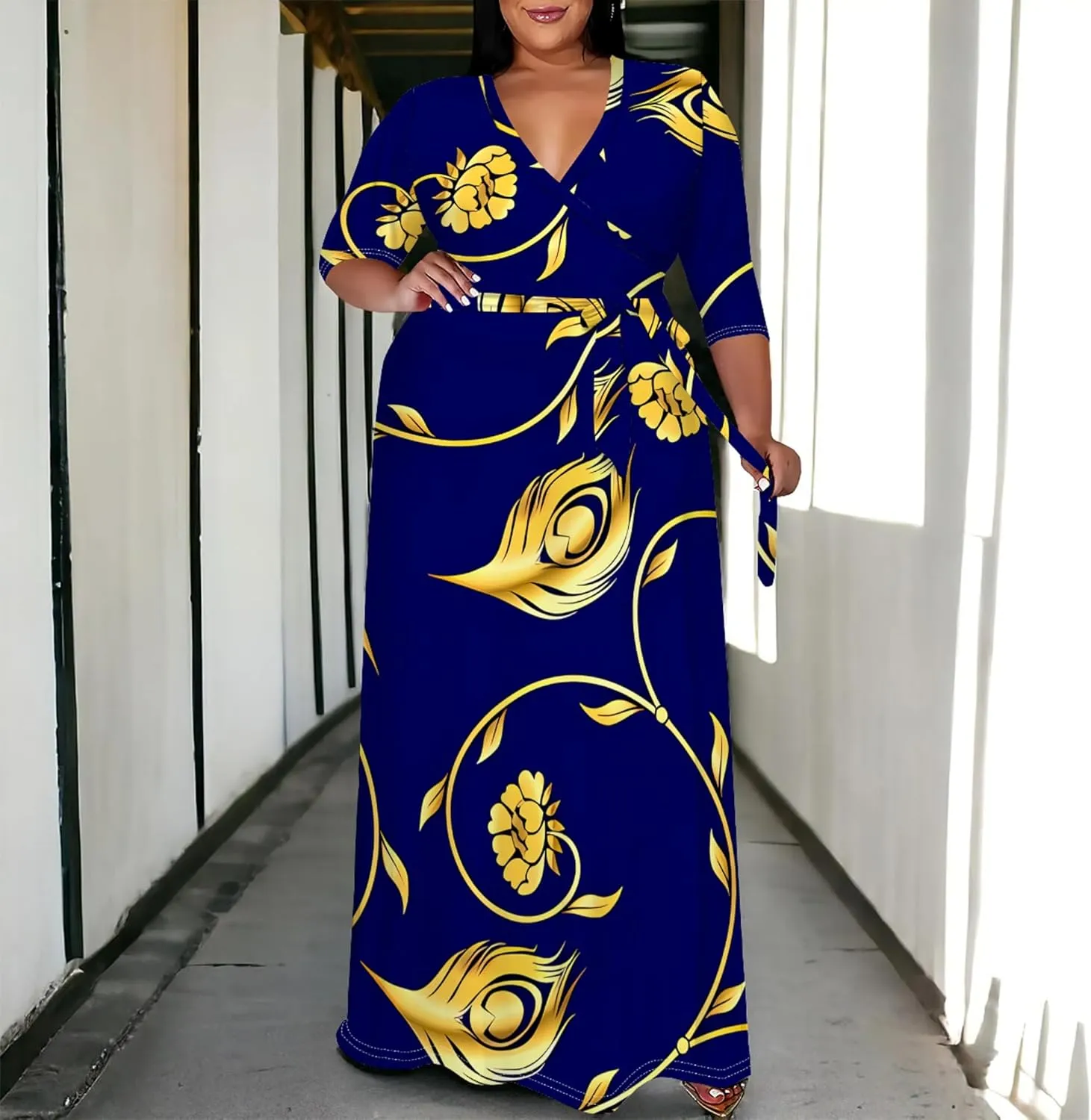 Plus Size Women's Dress V-Neck 3/4 Sleeve Skull Floral Print self-tie Belt Dress Beach Party Casual Maxi Dress