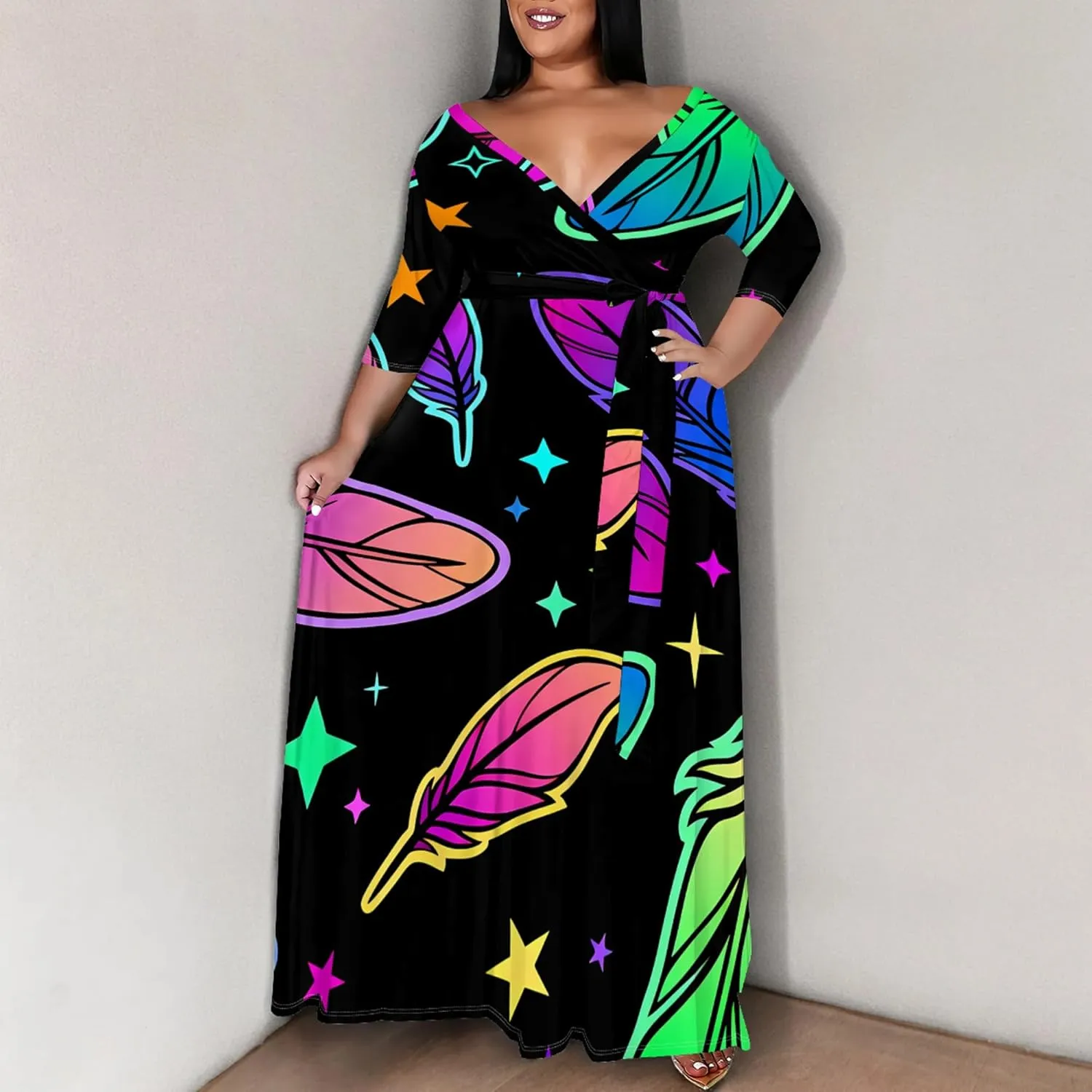 Plus Size Women's Dress V-Neck 3/4 Sleeve Skull Floral Print self-tie Belt Dress Beach Party Casual Maxi Dress