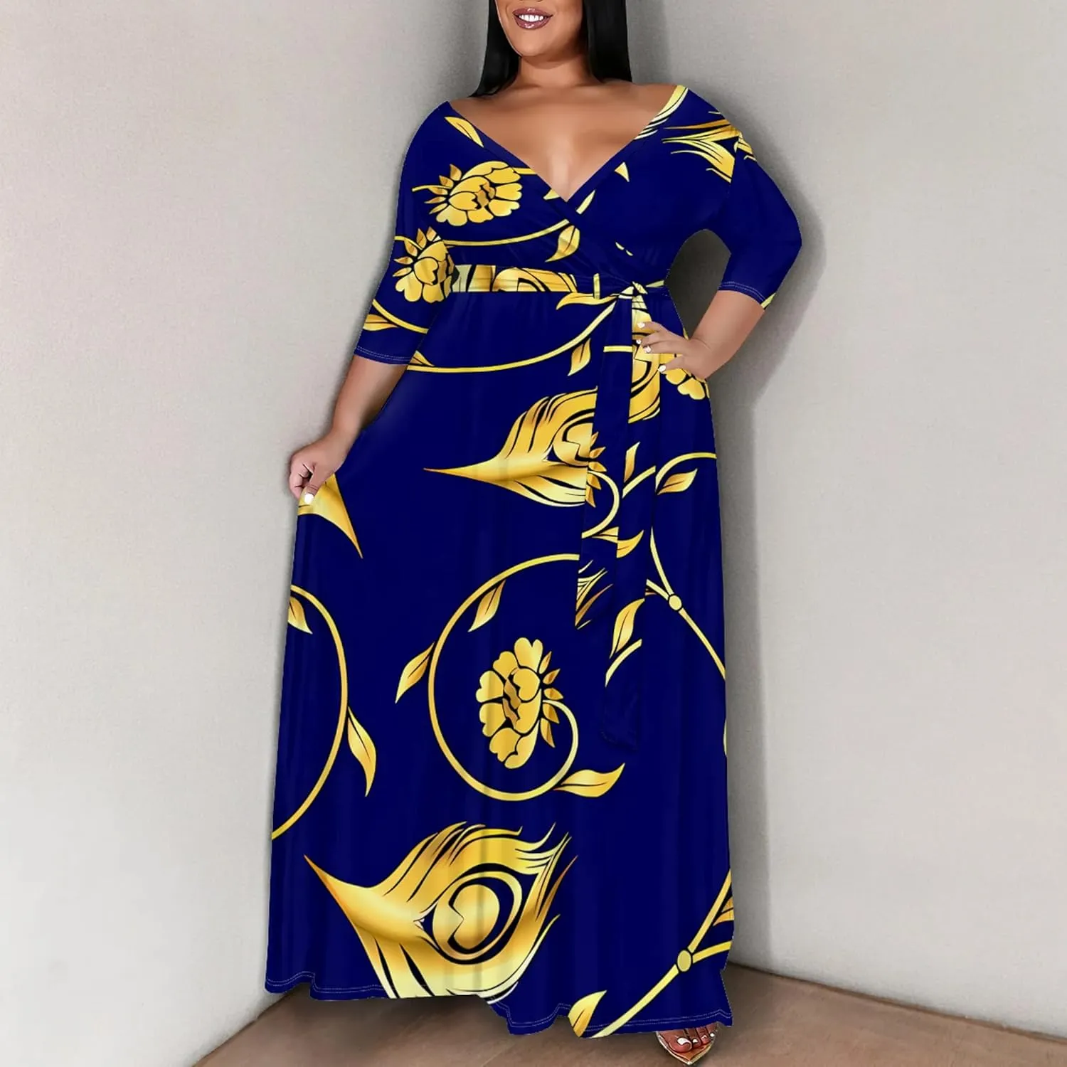 Plus Size Women's Dress V-Neck 3/4 Sleeve Skull Floral Print self-tie Belt Dress Beach Party Casual Maxi Dress