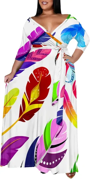 Plus Size Women's Dress V-Neck 3/4 Sleeve Skull Floral Print self-tie Belt Dress Beach Party Casual Maxi Dress