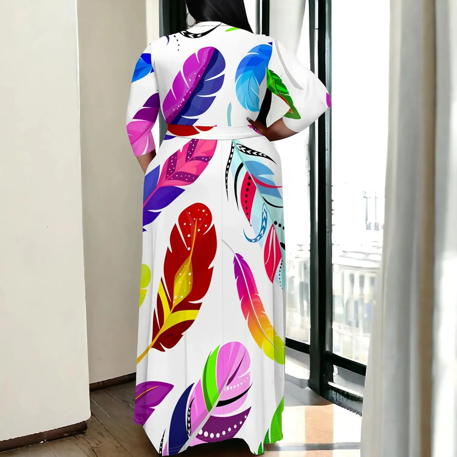Plus Size Women's Dress V-Neck 3/4 Sleeve Skull Floral Print self-tie Belt Dress Beach Party Casual Maxi Dress