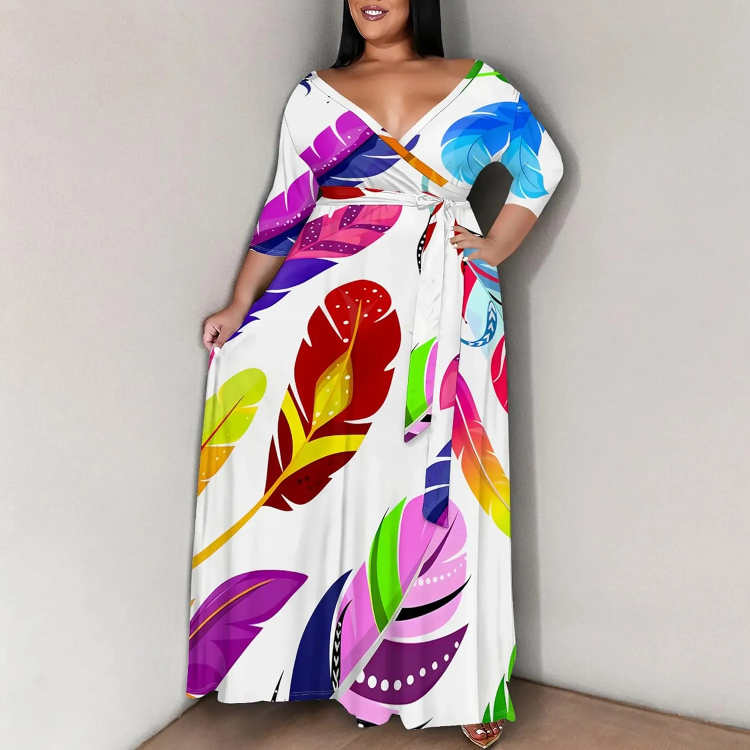 Plus Size Women's Dress V-Neck 3/4 Sleeve Skull Floral Print self-tie Belt Dress Beach Party Casual Maxi Dress