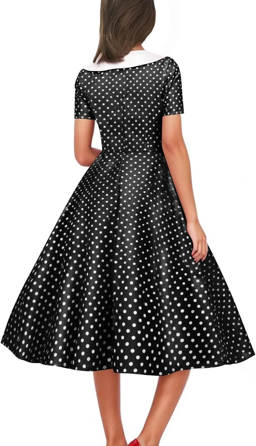 Polka Dot Dress for Women Vintage Style Button Down Dress with Collar and Belt Vintage