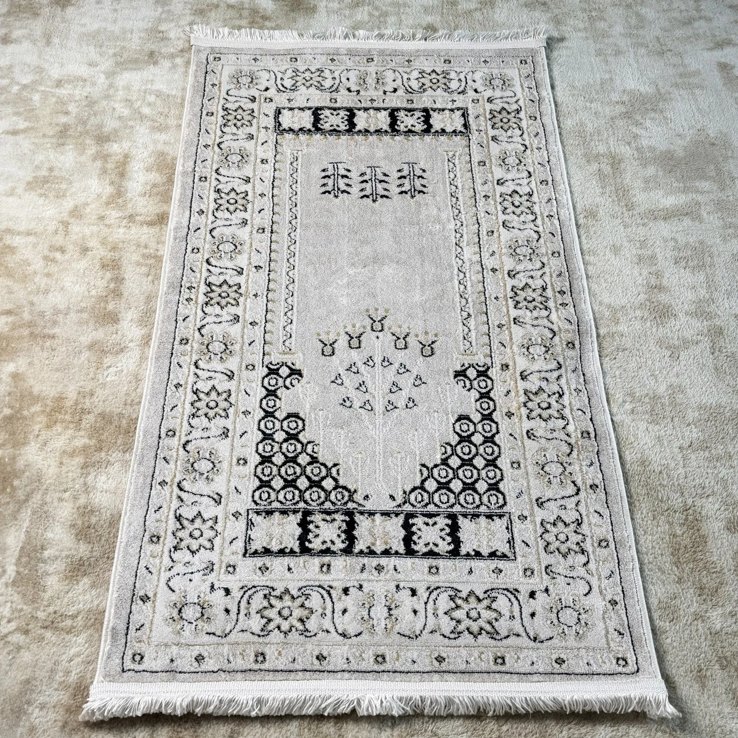 Prayer Rug and Prayer Beads Set - Muslim Gift (Cream)