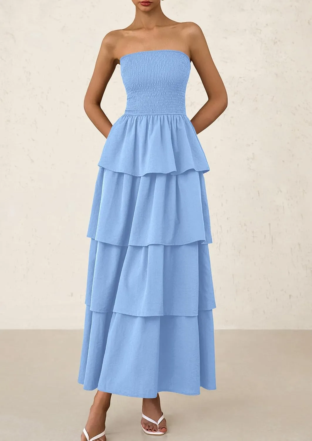 PRETTYGARDEN Maxi Dresses for Women 2025 Summer Off Shoulder Smocked Tiered Ruffle Long Flowy Wedding Guest Dress