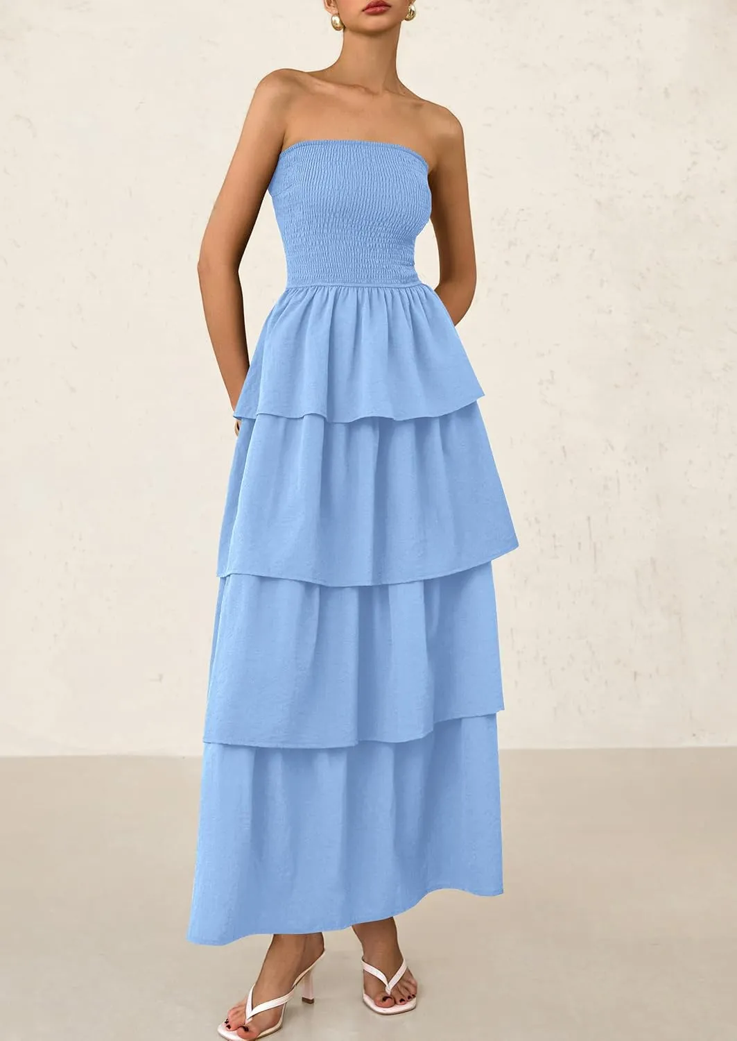 PRETTYGARDEN Maxi Dresses for Women 2025 Summer Off Shoulder Smocked Tiered Ruffle Long Flowy Wedding Guest Dress