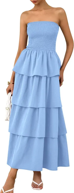PRETTYGARDEN Maxi Dresses for Women 2025 Summer Off Shoulder Smocked Tiered Ruffle Long Flowy Wedding Guest Dress